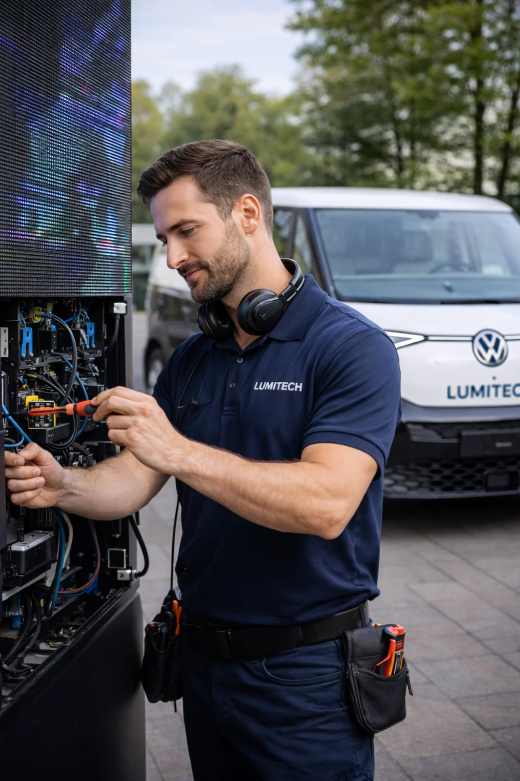 Technicus voert service uit aan een LED scherm